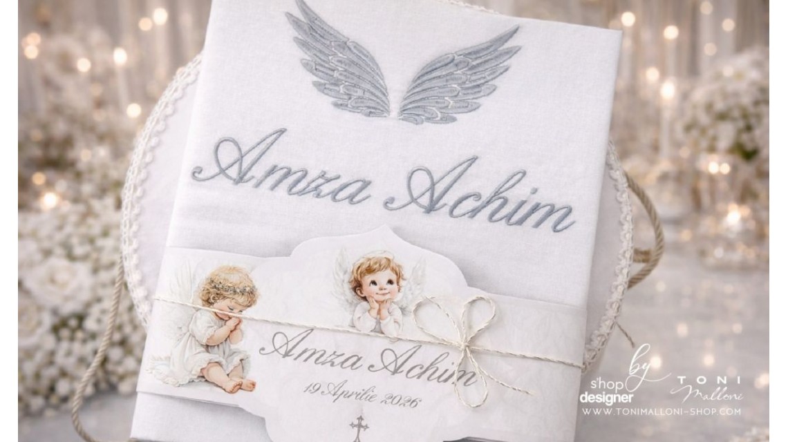 Trusou botez băiat Înger Alb elegant cu îngerași și aripi brodate 20